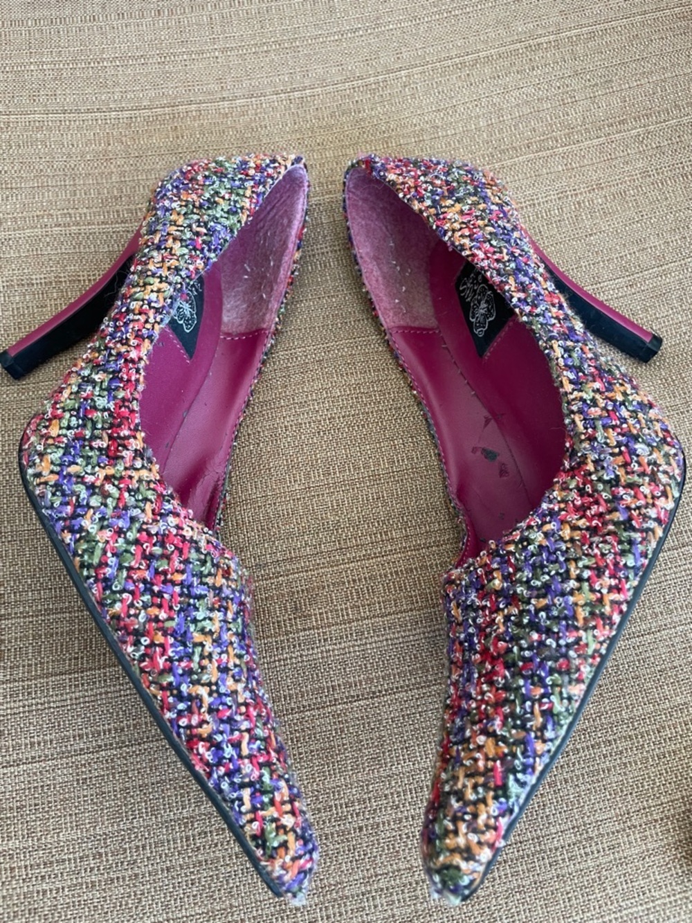 Summer Rio Multicolor Tweed Pointed Toe Pumps with Pink Lining - Picture 7 of 8